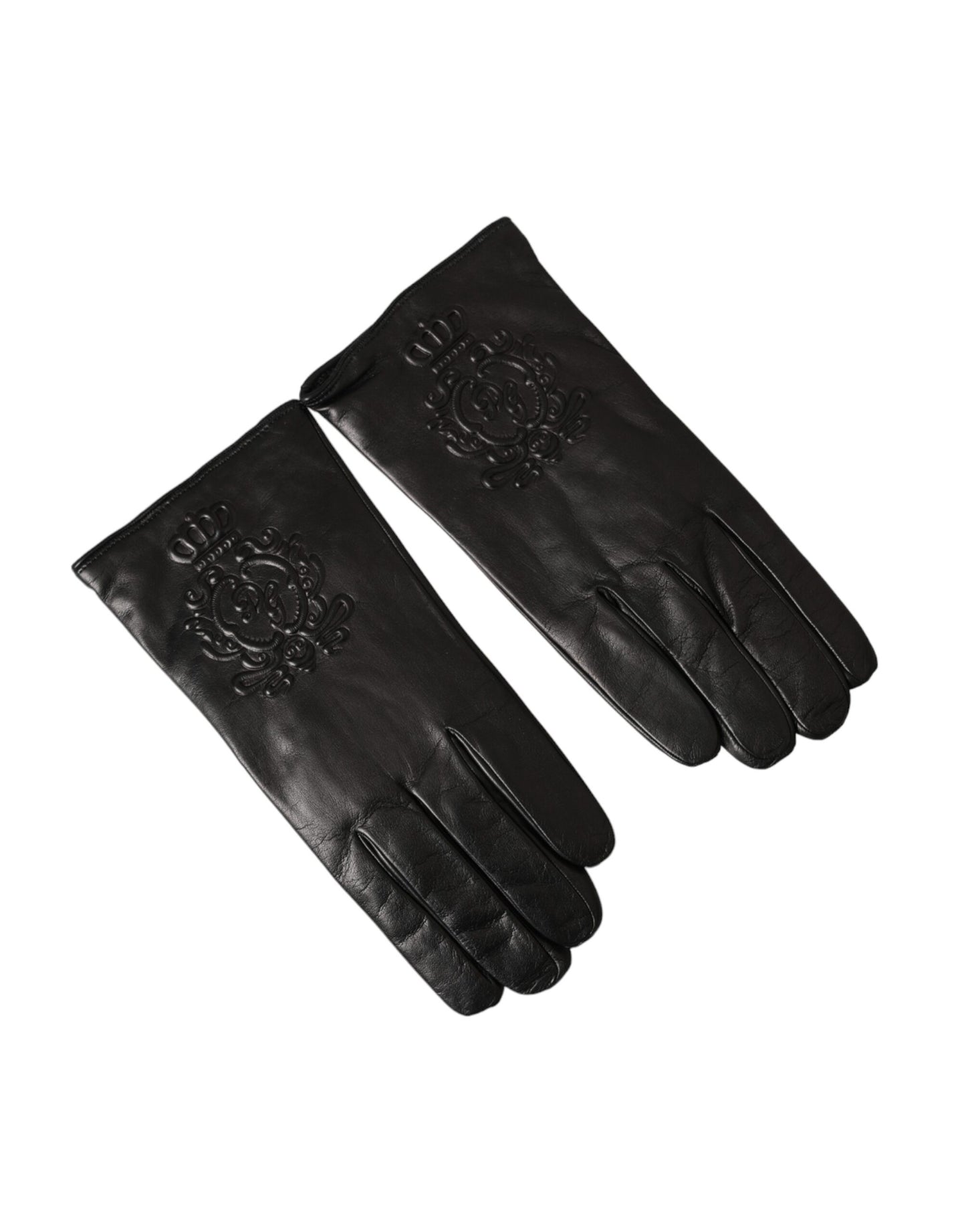 Black Leather Embossed Logo Short Hands Gloves