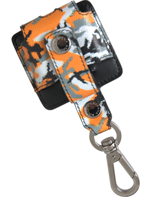 Mehrfarbige Airpods-Hülle aus Leder und Metall mit Camouflage-Print