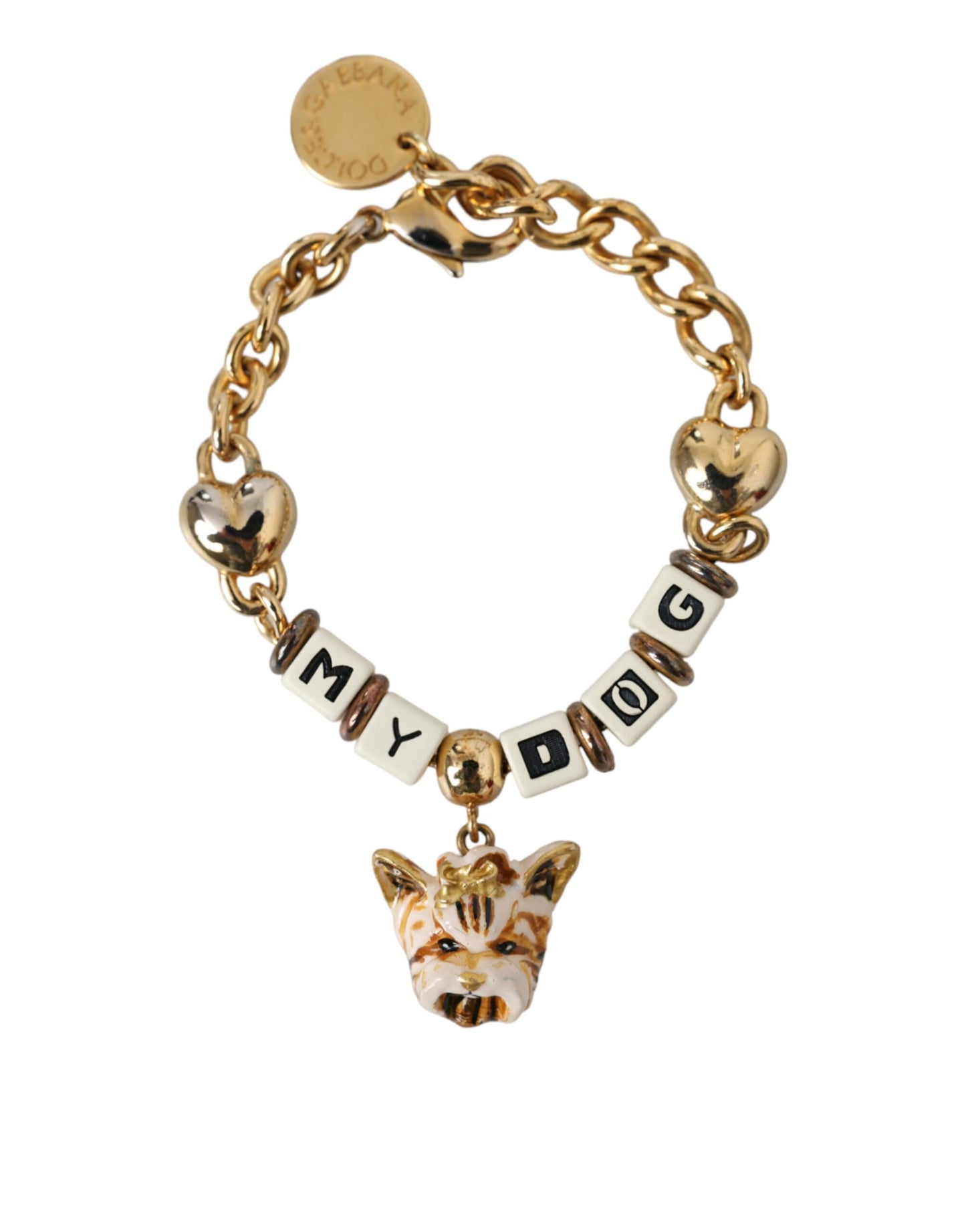 Goldfarbenes Messing-Kettenarmband „MY DOG“ mit Herzmotiv