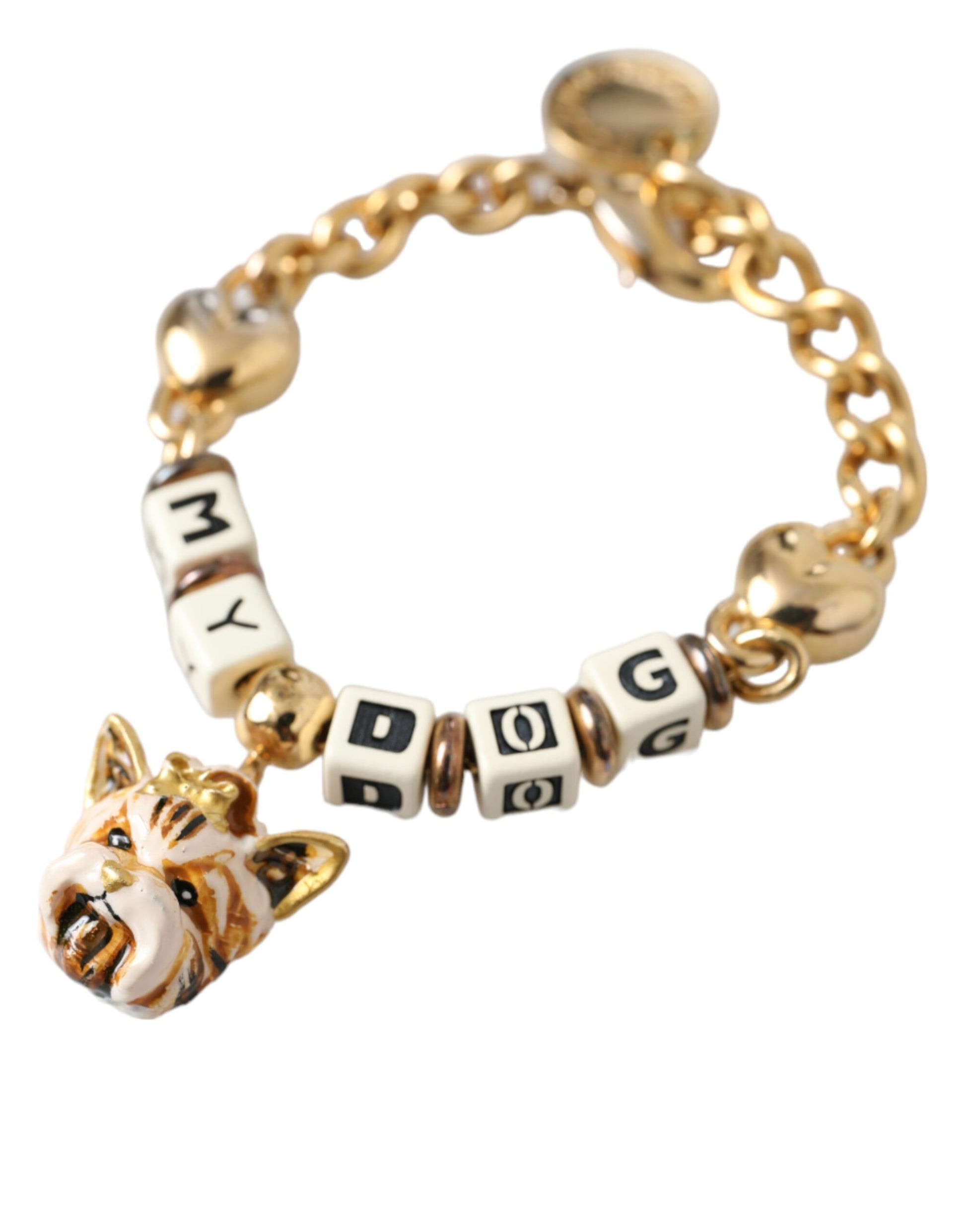 Goldfarbenes Messing-Kettenarmband „MY DOG“ mit Herzmotiv