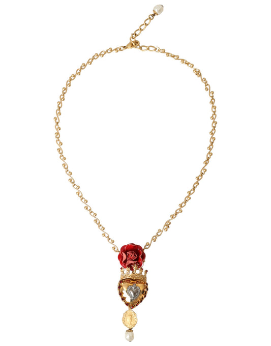 Gold MessingKette Heiliges Herz Rose Kristall Charm Halskette