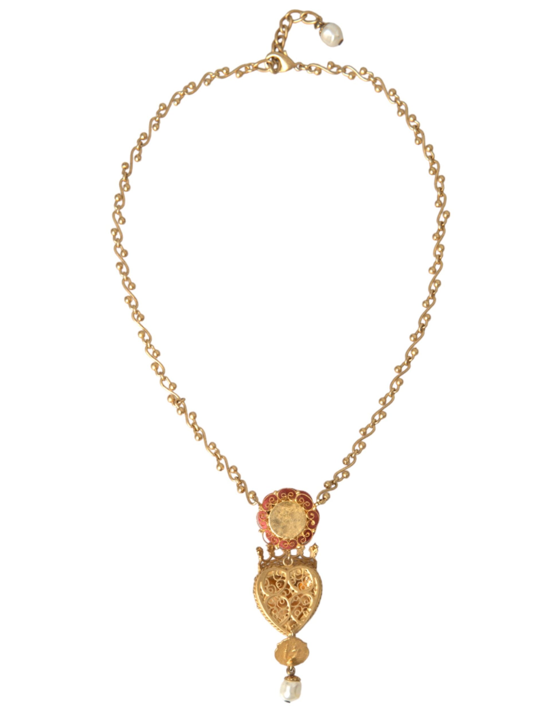 Gold BrassChain Sacred Heart Rose Crystal Charm Necklace