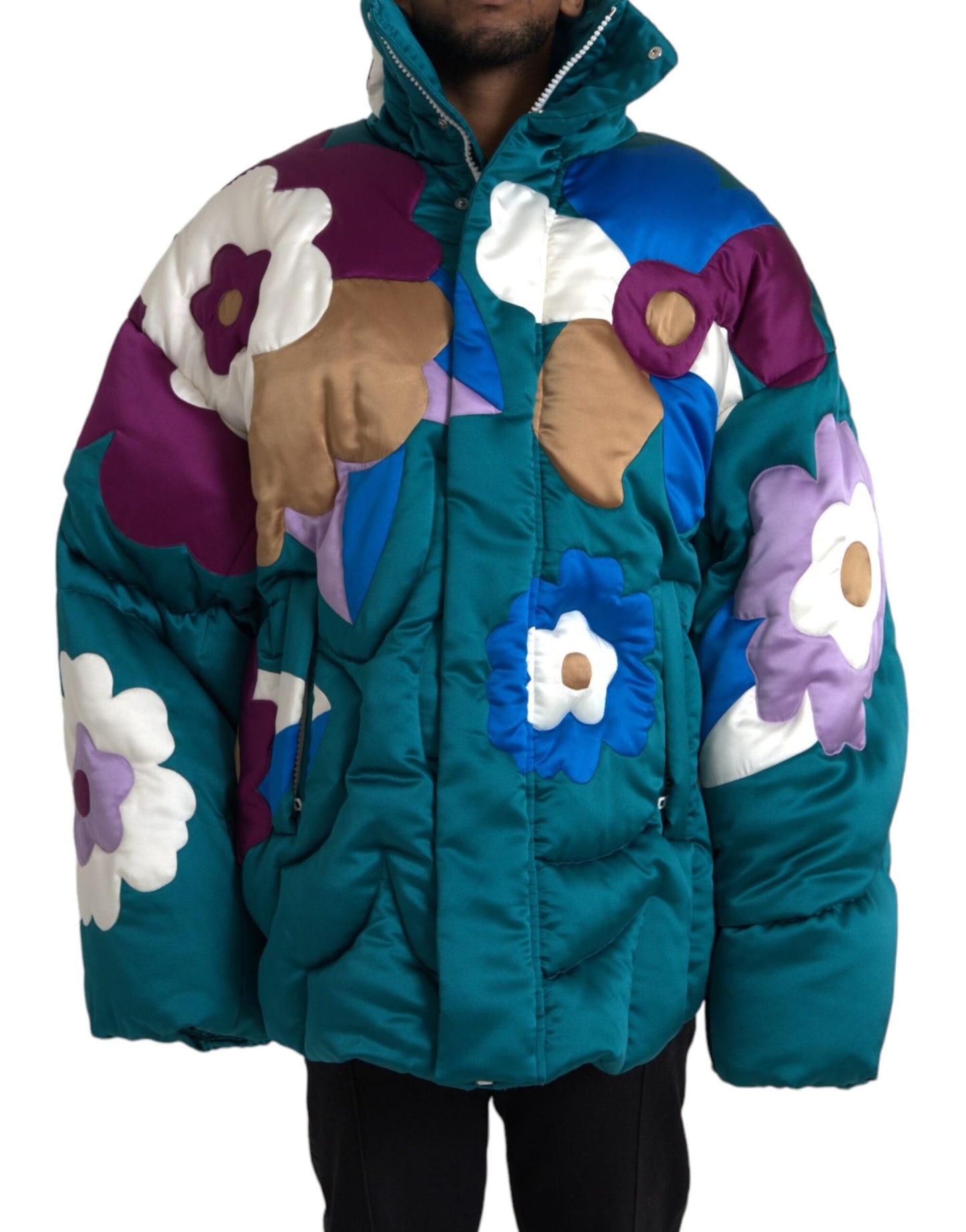 Mehrfarbige Puffer-Windjacke mit Blumenmuster