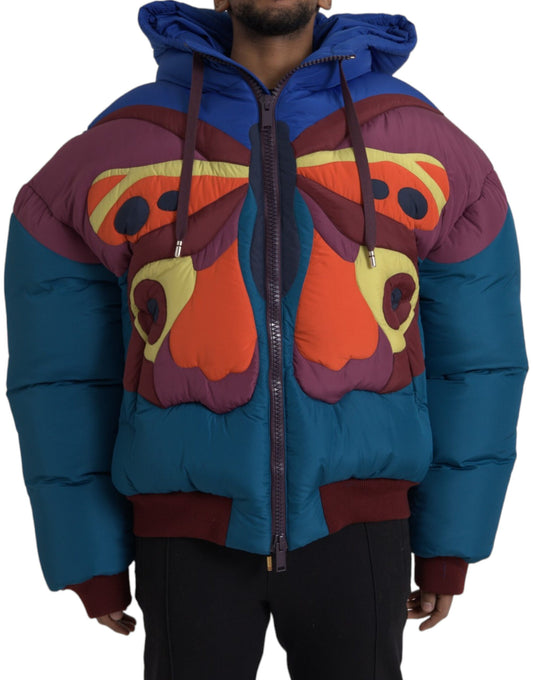 Mehrfarbige Pufferjacke mit Kapuze und Schmetterlingsmuster