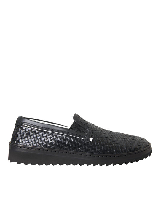 Black Woven Buffalo Leather Men Loafers Shoes