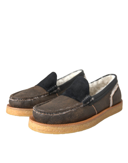 Braune schwarze Pelzleder-Loafer für Herren