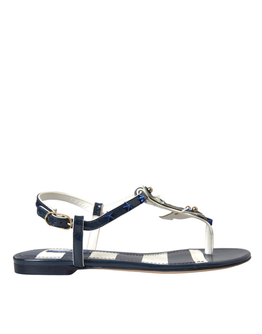 Blaue Streifen Leder Nieten Flats Sandalen Schuhe