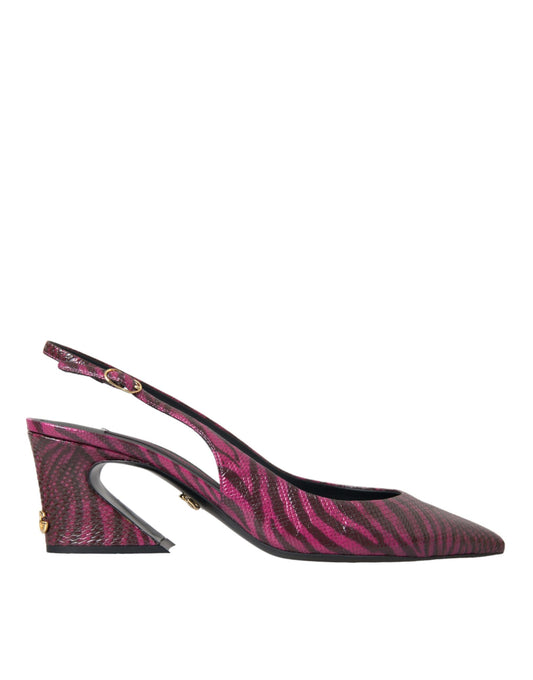 Kastanienbraune Slingback-Schuhe aus Leder mit Zebra-Absatz