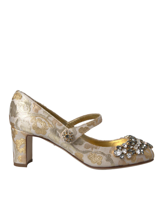 Goldfarbene Mary Janes Pumps mit Jacquard-Kristall