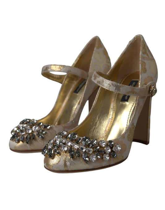 Goldfarbene Mary Janes Pumps mit Jacquard-Kristall