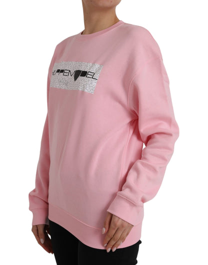 Pink Cotton Logo Print Long Sleeves Pullover Sweater