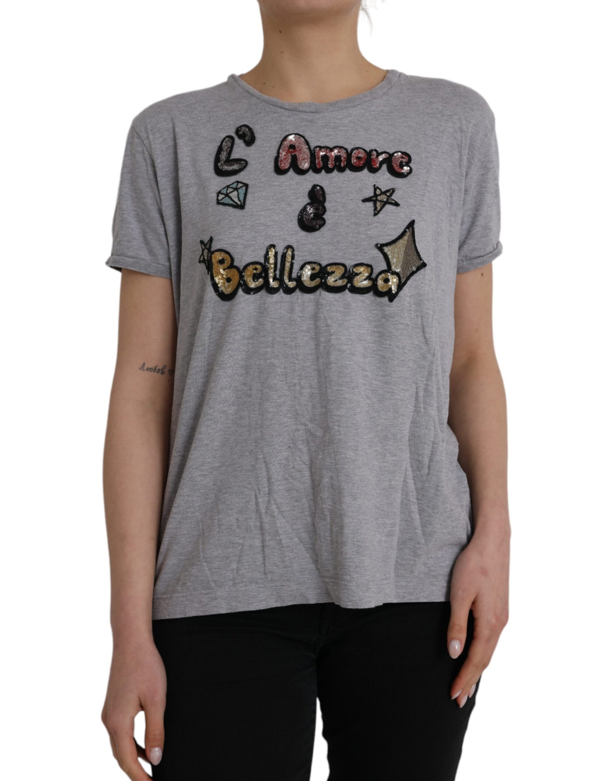 Graues L'Amore E'Bellezza Top-T-Shirt aus Baumwolle