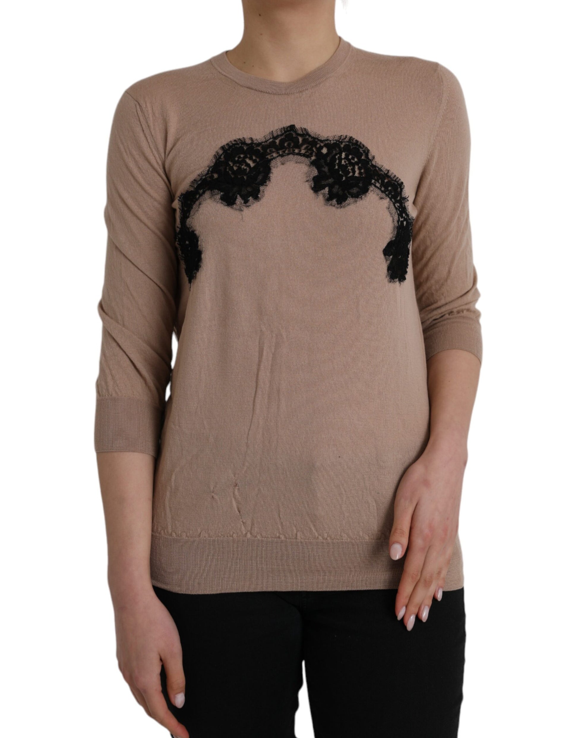 Brown Wool Black Lace 3/4 Sleeve Blouse Top