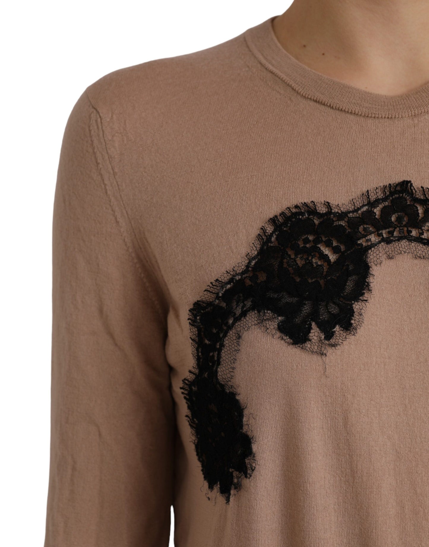 Brown Wool Black Lace 3/4 Sleeve Blouse Top