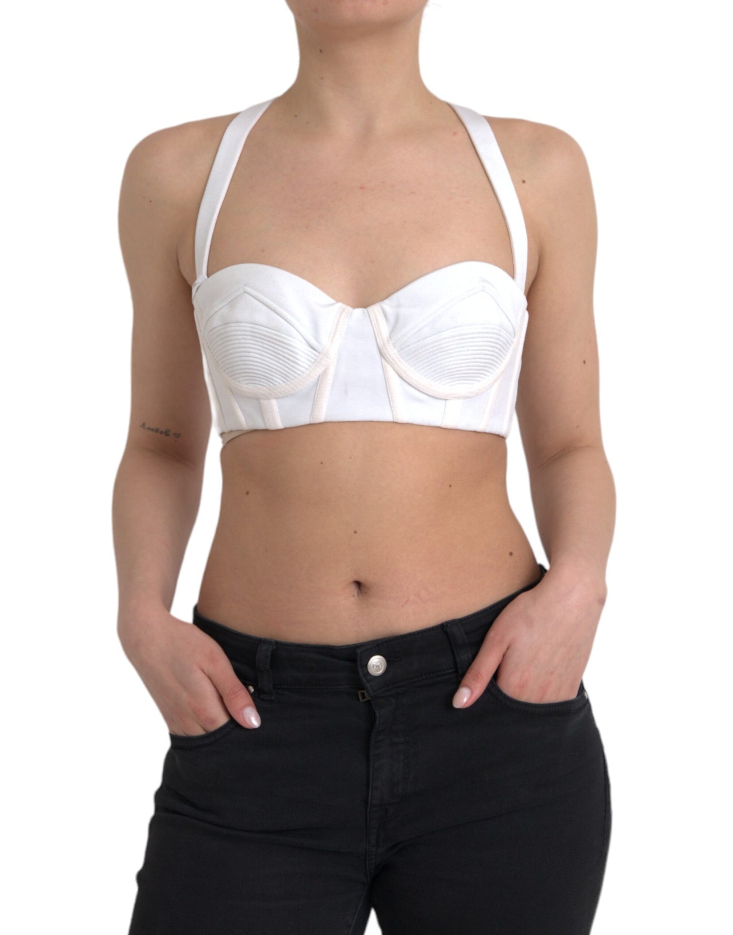 Weißes ärmelloses Bustier-Crop-Top aus Viskose