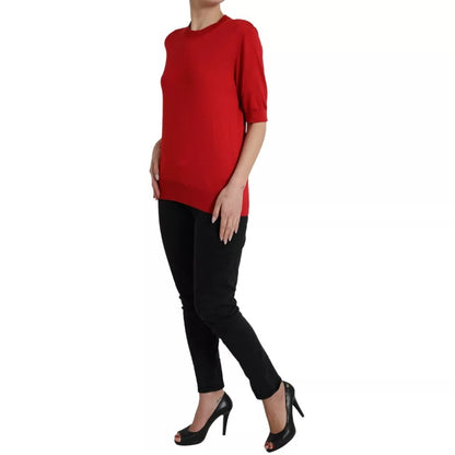 Red Silk Crewneck Short Sleeve Sweater