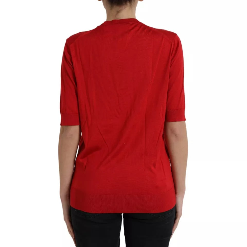 Red Silk Crewneck Short Sleeve Sweater