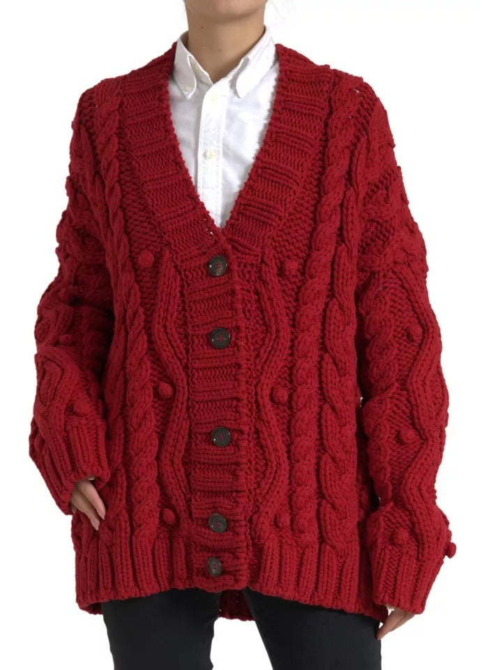 Red Wool Knit Button Down Cardigan Sweater