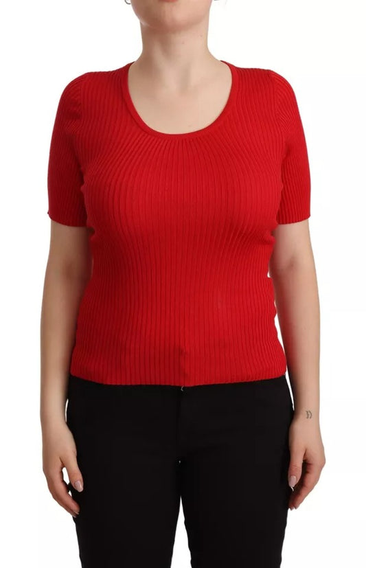 Rotes Seiden-T-Shirt mit kurzen Ärmeln, Top-Bluse