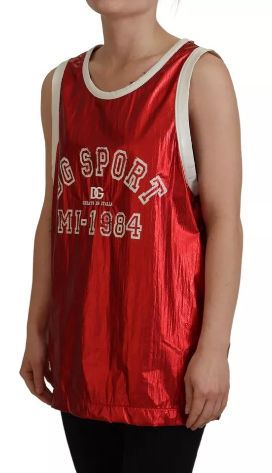 Rotes ärmelloses Jersey-Top aus Nylon mit Logo-Print