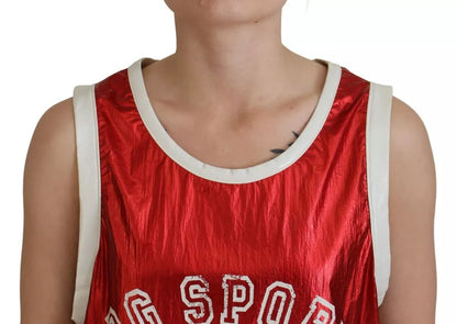 Rotes ärmelloses Jersey-Top aus Nylon mit Logo-Print