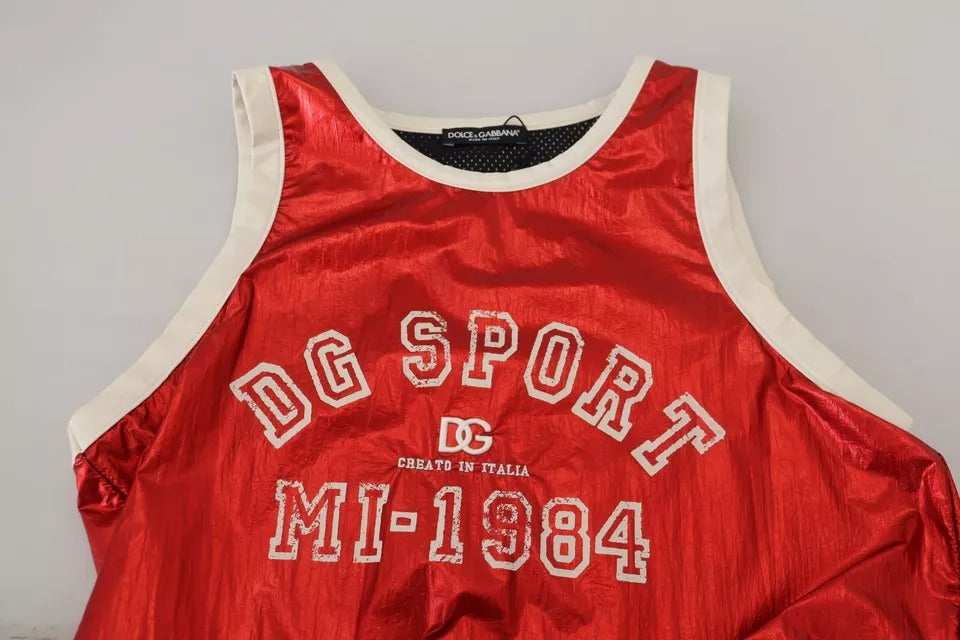 Rotes ärmelloses Jersey-Top aus Nylon mit Logo-Print