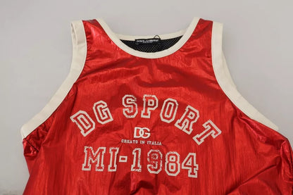 Rotes ärmelloses Jersey-Top aus Nylon mit Logo-Print