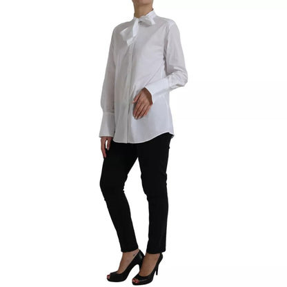 White Cotton Ascot Collar Long Sleeves Top