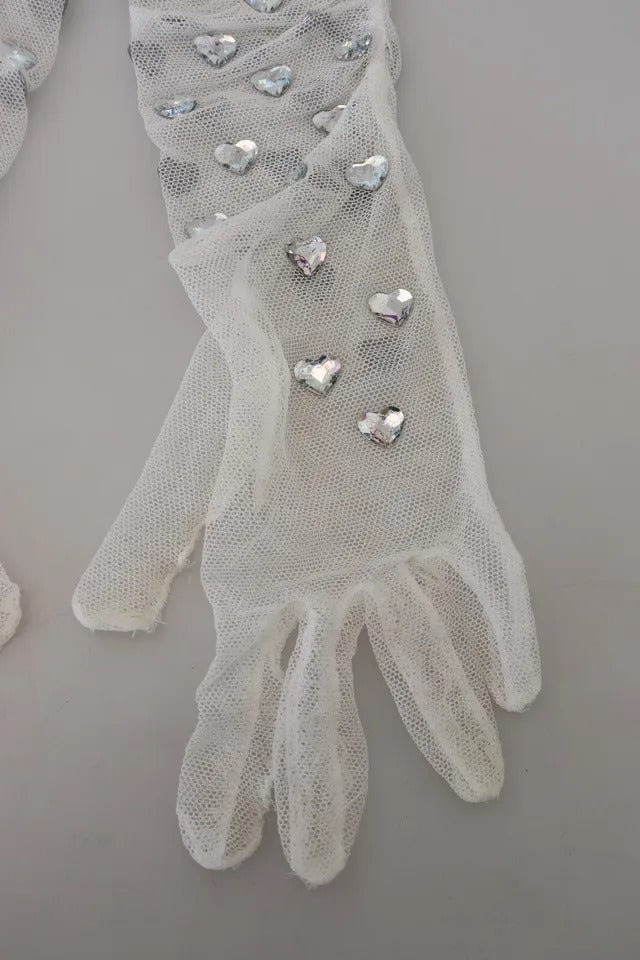 White Crystal Elbow Length Cotton Tulle Gloves