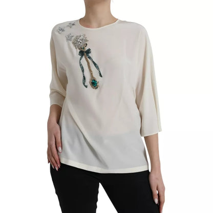 White Silk Crystal 3/4 Sleeves Blouse Top