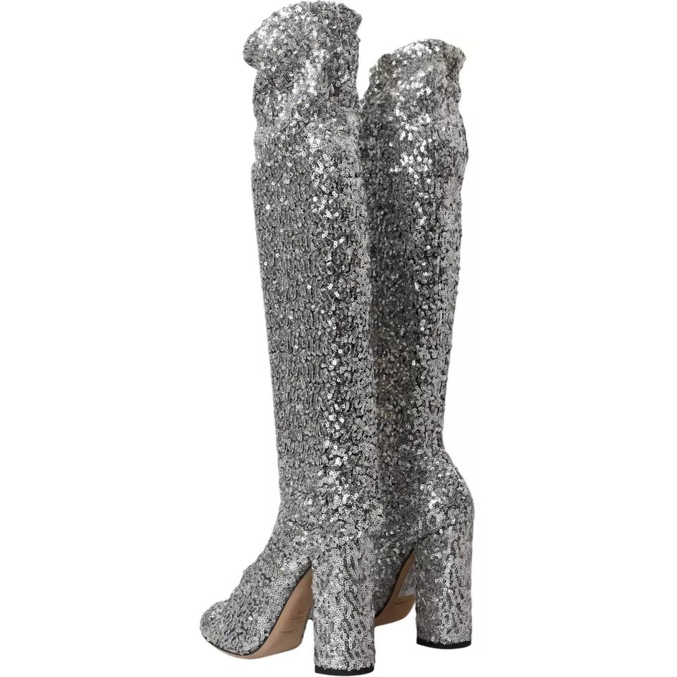 Silver Sequined High Boots Stretch Shoes