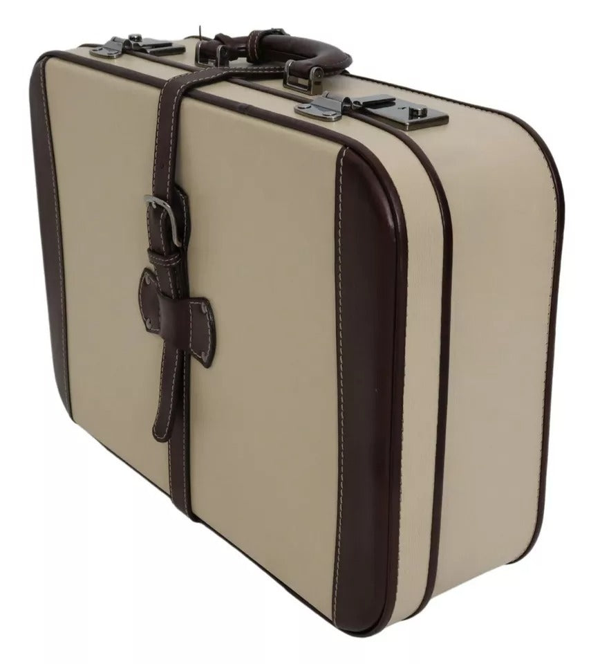 Brown Beige Leather Mens Travel Suitcase Luggage Bag