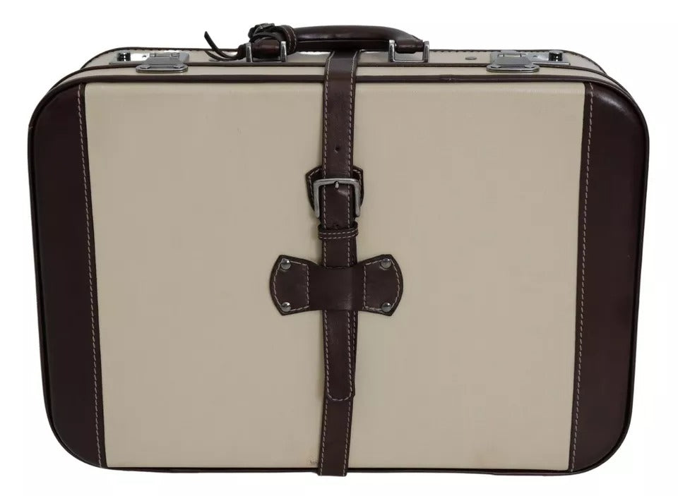 Brown Beige Leather Mens Travel Suitcase Luggage Bag