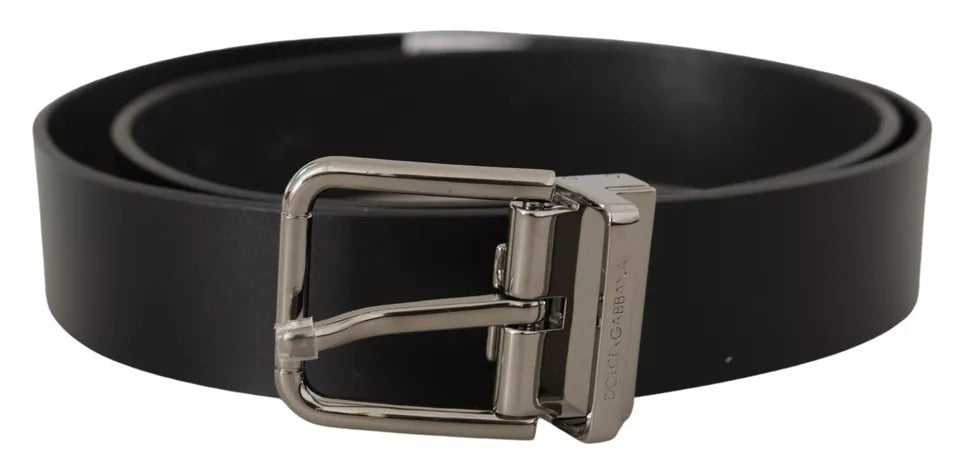 Black Calf Leather Logo Engraved Metal Buckle Belt