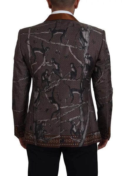 Bronzener, schmaler Seidenblazer mit Affen-Print