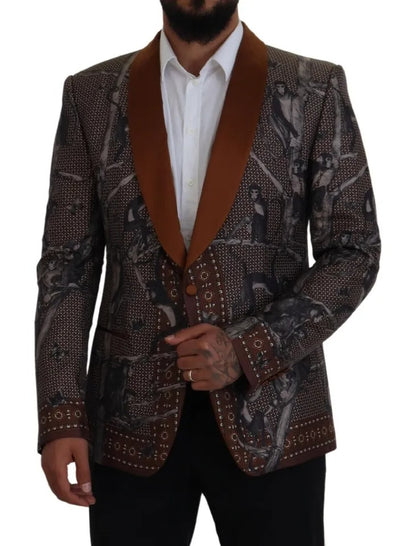 Bronzener, schmaler Seidenblazer mit Affen-Print