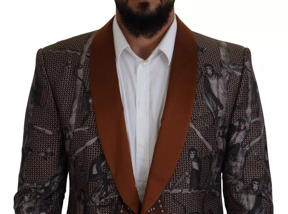 Bronzener, schmaler Seidenblazer mit Affen-Print