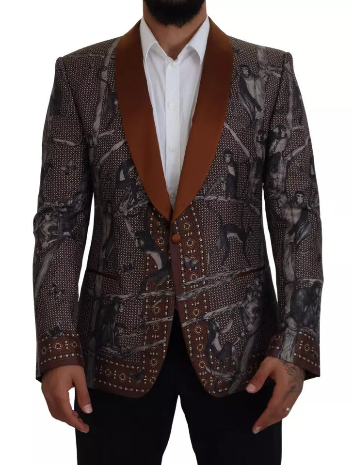 Bronzener, schmaler Seidenblazer mit Affen-Print