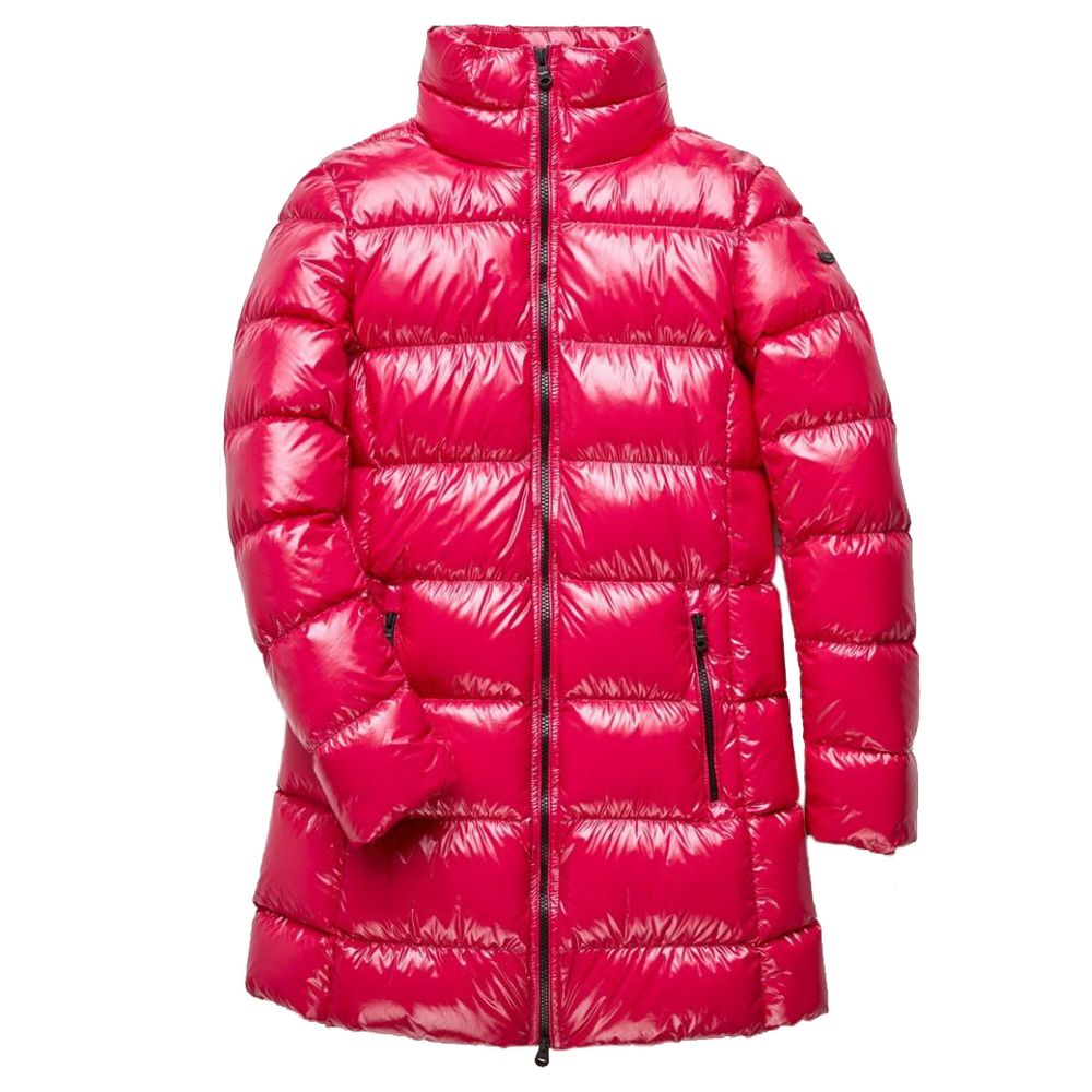 Fuchsia schimmernde, lange Daunenjacke