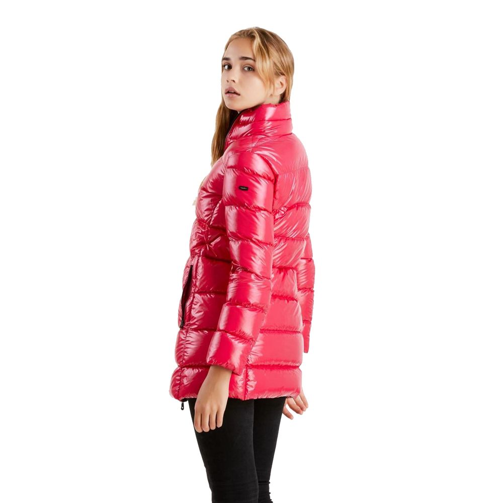 Fuchsia schimmernde, lange Daunenjacke