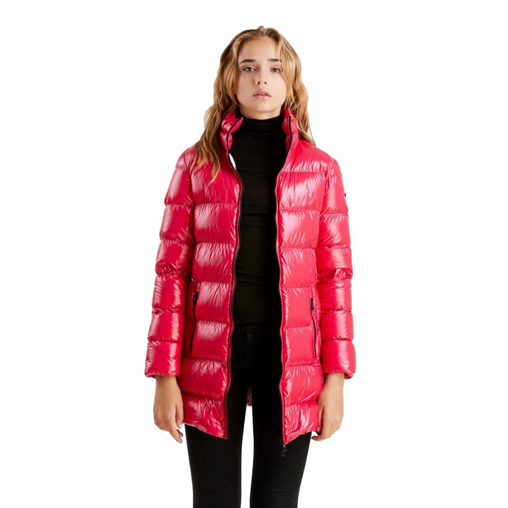 Fuchsia schimmernde, lange Daunenjacke