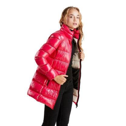 Fuchsia schimmernde, lange Daunenjacke