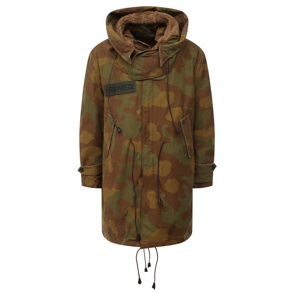 Parka mit Kapuze und Camouflage-Struktur und Lederdetails