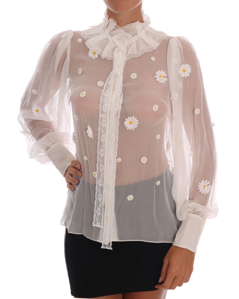 Elegante weiße Seidenbluse mit Gänseblümchen