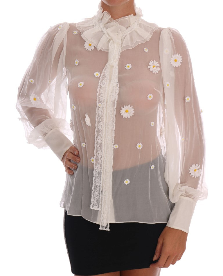 Elegante weiße Seidenbluse mit Gänseblümchen