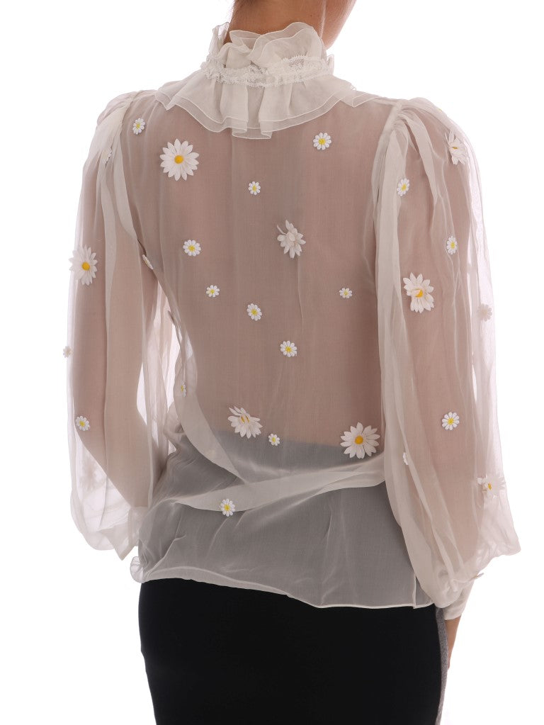 Elegante weiße Seidenbluse mit Gänseblümchen