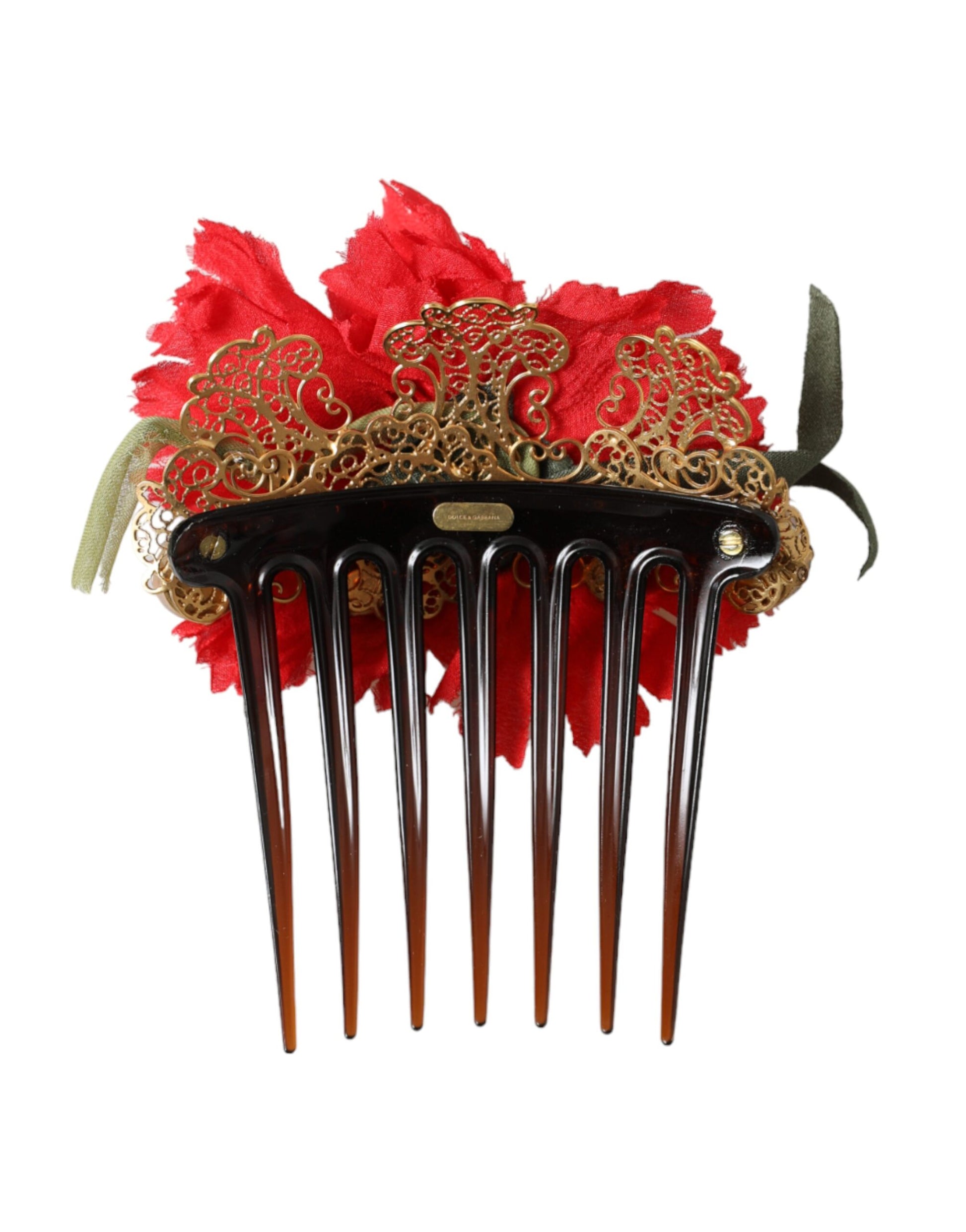 Red Silk Floral Gold Brass Women Hair Comb