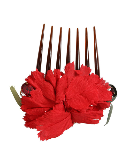 Roter Haarkamm aus Seide mit Blumenmuster und Goldmessing für Damen