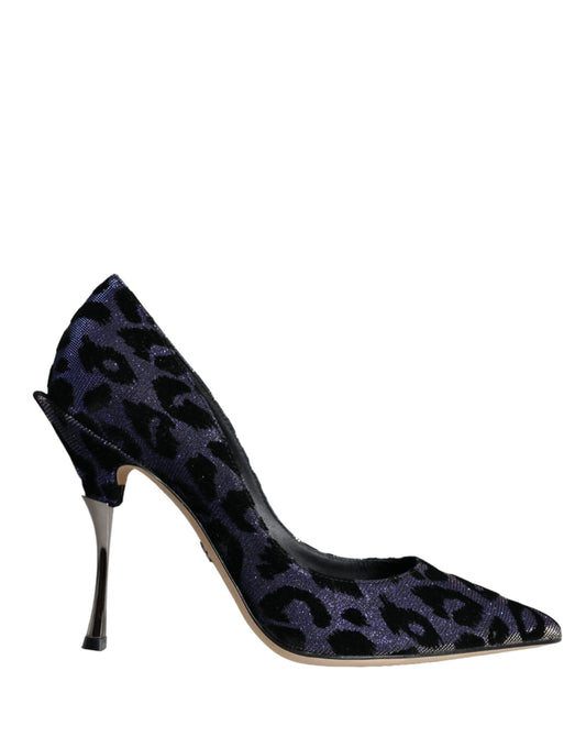 Dunkelblaue Pumps mit Leopardenmuster und Lurex-Absätzen