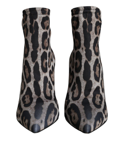 Gray Leopard Stretch Heels Ankle Boots Shoes